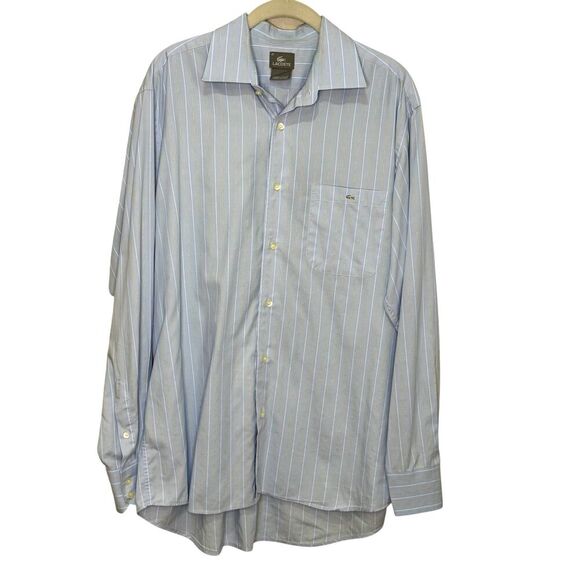 Lacoste Shirt Mens Large 42 Blue Yellow Striped Button Up Long Sleeve Dress - Picture 1 of 7